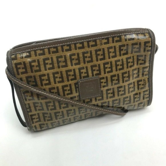Authentic FENDI FF Zucca pattern Pochette Cross body Shoulder Bag Vinyl x Leathe - Picture 1 of 11